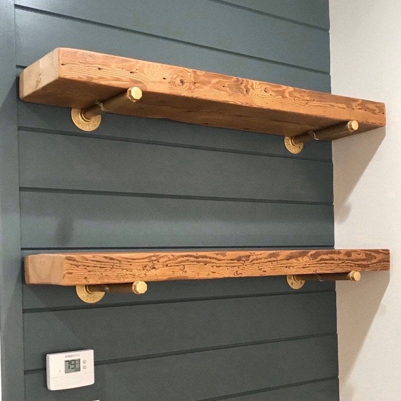Thick Reclaimed Wood shelf barn wood shelf Pipe Brackets. Gold or Black pipe brackets, Thick shelf farmhouse shelf